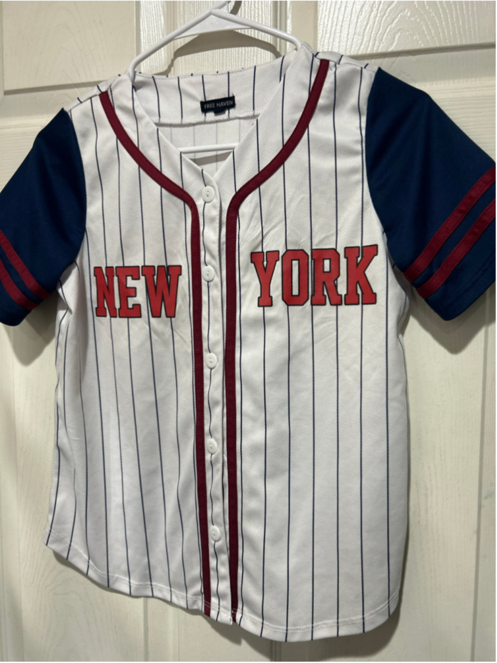 Boys Free Haven New York Baseball Jersey Size 16 White Blue Red - Picture 3 of 5